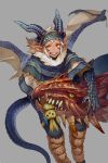  1boy bandanna biting claws cowboy_shot dragon fangs fur_trim gaiters green_eyes grin horns looking_at_viewer monster_boy original pants pointy_ears poncho scales scarecrow short_hair short_sleeves slit_pupils smile standing tail white_hair wings yellow_eyes yuzu_shio 