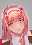  1girl 5555_96 aqua_eyes commentary_request darling_in_the_franxx eyebrows_visible_through_hair eyelashes hairband highres horns orange_neckwear pink_hair straight_hair uniform white_hairband zero_two_(darling_in_the_franxx) 