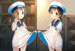  2girls black_hair blue_eyes bookshelf brown_eyes brown_hair comah daitou_(kantai_collection) dress grin hat hiburi_(kantai_collection) kantai_collection lifted_by_self multiple_girls panties panty_peek sailor_hat short_hair short_sleeves skirt_hold smile underwear v white_dress white_hat white_panties 