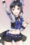  1girl antenna_hair arm_up black_eyes black_hair bow clenched_hand cowboy_shot gradient gradient_background hat highres idolmaster idolmaster_(classic) idolmaster_2 idolmaster_million_live! idolmaster_million_live!_theater_days kikuchi_makoto mini_hat mogskg navel open_mouth outstretched_arm petals short_hair short_shorts shorts solo 