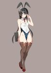  1girl adapted_costume animal_ears black_hair book breasts brown_background brown_legwear bunnysuit commentary_request detached_collar full_body glasses green_eyes highres hip_bones kantai_collection leotard long_hair looking_at_viewer ooyodo_(kantai_collection) rabbit_ears red_neckwear semi-rimless_eyewear simple_background small_breasts solo strapless strapless_leotard thigh-highs under-rim_eyewear webslinger white_leotard wrist_cuffs 
