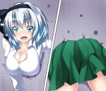  1girl aqua_eyes ass black_ribbon blush breasts cleavage collared_shirt commentary_request crack green_skirt hair_ribbon highres konpaku_youmu large_breasts medium_hair no_vest open_mouth pleated_skirt ribbon shirt silver_hair skirt solo split_screen stuck through_wall tongue toraoto touhou white_shirt 