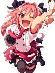  1boy ;d apron arm_up astolfo_(fate) black_bow black_legwear blush bow braid chef_uniform chocolate fang fate/apocrypha fate/grand_order fate_(series) frilled_apron frills garter_straps hair_intakes long_braid long_hair looking_at_viewer male_focus miniskirt multicolored_hair one_eye_closed open_mouth pink_hair pleated_skirt red_apron red_neckwear sayshownen simple_background single_braid skirt smile streaked_hair thigh-highs trap very_long_hair violet_eyes waist_apron white_background 