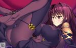  1girl ass bodysuit breasts covered_navel erect_nipples fate/grand_order fate_(series) highres large_breasts long_hair lying on_back pauldrons purple_hair scathach_(fate/grand_order) smile solo tsurugi_ai_(seikan_hitchhiker) violet_eyes 
