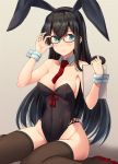  1girl adjusting_eyewear animal_ears black_hair black_leotard blue_eyes breasts bunnysuit cleavage collarbone covered_navel detached_collar embarrassed eyebrows_visible_through_hair fake_animal_ears glasses high_heels highres ichikawa_feesu kantai_collection kneeling leotard long_hair looking_at_viewer medium_breasts ooyodo_(kantai_collection) pink_background red_footwear red_neckwear sitting solo thigh-highs wariza white_background wrist_cuffs 