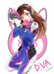  1girl blue_bodysuit bodystocking bodysuit brown_eyes brown_hair bubble_blowing character_name chewing_gum covered_navel cowboy_shot d.va_(overwatch) facial_mark gloves gun hinare_(hinare777) holding holding_gun holding_weapon long_hair looking_at_viewer overwatch signature simple_background skin_tight solo standing standing_on_one_leg weapon whisker_markings white_background white_gloves 