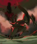 commentary creature dated fog full_body glowing glowing_eyes green_skin grovyle looking_away no_humans pokemon pokemon_(creature) pokemon_(game) pokemon_rse red_eyes rock rock-bomber running sableye signature solo_focus 