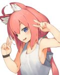  1girl ahoge animal_ears armpits bangs bare_arms bare_shoulders blue_eyes blush cat_ears collarbone commentary_request double_v eyebrows_visible_through_hair hair_between_eyes head_tilt highres hinata_channel long_hair looking_at_viewer low_twintails nekomiya_hinata parted_lips pink_hair seramikku sidelocks simple_background smile solo tank_top twintails upper_body v very_long_hair white_background white_tank_top 