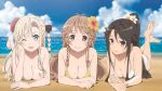  3girls artist_request barefoot beach bikini black_hair blonde_hair braid breasts brown_hair cleavage clouds feet flower food hair_flower hair_ornament high_school_fleet highres multiple_girls munetani_mashiro nosa_kouko official_art one_eye_closed open_mouth ponytail popsicle sand smile soles sweat swimsuit toes water wilhelmina_braunschweig_ingenohl_friedeburg 