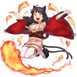  1girl animal_ears arms_up bell braid breasts cat_ears cat_tail chest_tattoo fire full_body hair_bell hair_ornament hair_ribbon halterneck japanese_clothes large_breasts long_hair long_sleeves looking_at_viewer multiple_tails nekomata_(youkai_hyakki-tan!) obi official_art open_mouth paw_print platform_footwear ribbon sandals sash solo tail tattoo thigh-highs toeless_legwear transparent_background twin_braids upper_teeth white_legwear yellow_eyes youkai_hyakki-tan! 