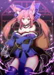  1girl animal_ears blue_legwear breasts cleavage collarbone commentary_request detached_sleeves fate/extra fate/grand_order fate_(series) fox_ears fox_tail harin_0 japanese_clothes large_breasts long_hair pink_hair solo tail tamamo_(fate)_(all) tamamo_no_mae_(fate) thigh-highs tongue yellow_eyes 