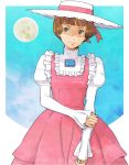  1girl bangs blue_background blunt_bangs brooch brown_eyes brown_hair dress frills gundam hat jewelry kei-co looking_to_the_side moon pink_dress short_hair sochie_heim solo turn_a_gundam 