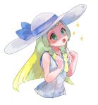  1girl blonde_hair braid dress green_eyes hat itou_(very_ito) lillie_(pokemon) long_hair open_mouth pokemon pokemon_(game) pokemon_sm simple_background sleeveless sleeveless_dress solo sparkle sun_hat twin_braids white_background white_dress white_hat 