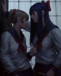  2girls absurdres bangs blonde_hair bow breasts ears_visible_through_hair fingernails guweiz hair_bow highres ilya_kuvshinov_(style) long_hair looking_at_another multiple_girls photo-referenced pipimi poptepipic popuko purple_hair realistic red_bow school_uniform standing tied_hair wall_slam window 