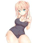  1girl arm_at_side aymusk bangs bare_arms bare_legs bare_shoulders black_swimsuit blonde_hair blue_eyes blush breasts cleavage closed_mouth collarbone commentary_request covered_navel cowboy_shot eyebrows_visible_through_hair fingernails gluteal_fold hand_on_own_chest hand_on_own_thigh hand_up highres large_breasts long_fingernails long_hair looking_at_viewer old_school_swimsuit one-piece_swimsuit original school_swimsuit school_uniform shiny shiny_skin smile solo swimsuit thigh_gap transparent_background twintails 