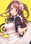  1girl :d apron bangs black_dress blush breasts brown_eyes brown_hair dress eyebrows_visible_through_hair frilled_apron frills half_updo highres idolmaster idolmaster_cinderella_girls long_hair looking_at_viewer maid maid_apron maid_headdress mery_(apfl0515) one_side_up open_mouth puffy_short_sleeves puffy_sleeves ribbon-trimmed_apron ribbon-trimmed_clothes ribbon-trimmed_sleeves ribbon_trim shimamura_uzuki short_sleeves side_ponytail simple_background smile solo swept_bangs upper_body yellow_background 