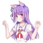  1girl aikatsu! animal_ears blush cat_ears closed_mouth collarbone fang fang_out hands_up head_tilt highres hikami_sumire kemonomimi_mode long_hair looking_at_viewer makiaato puffy_short_sleeves puffy_sleeves purple_hair red_neckwear sailor_collar school_uniform serafuku shirt short_sleeves sidelocks simple_background smile solo very_long_hair violet_eyes white_background white_sailor_collar white_shirt 