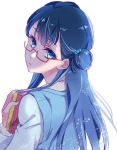  1girl blue_eyes blue_hair book from_behind glasses hair_bun holding holding_book hugtto!_precure long_hair looking_back negom precure red-framed_eyewear semi-rimless_eyewear simple_background solo under-rim_eyewear upper_body white_background yakushiji_saaya 