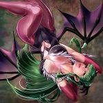  1girl arms_behind_head bangs black_leotard blunt_bangs breasts cleavage collarbone commentary commentary_request demon_girl demon_wings eyelashes green_hair grey_background head_wings heart_cutout large_breasts legs leotard lips long_hair looking_at_viewer lying morrigan_aensland on_back pantyhose purple_legwear solo succubus suminoe_misaki vampire_(game) violet_eyes wings 