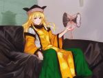  1girl blonde_hair blush chair closed_mouth eyebrows_visible_through_hair hidden_star_in_four_seasons long_hair looking_at_viewer manatsu_no_yo_no_inmu matara_okina sitting smile solidstatesurvivor solo touhou yajuu_senpai 