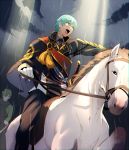  2boys aqua_hair cape gloves green_eyes horse horseback_riding ichigo_hitofuri male_focus military military_uniform multiple_boys necktie open_mouth rain riding t_k_g touken_ranbu uguisumaru uniform white_gloves yellow_eyes 