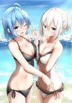  2girls ;d absurdres ahoge arm_up bangs bare_arms bare_shoulders bikini black_bikini blue_eyes blue_hair breasts cleavage closed_mouth collarbone commentary_request day eyebrows_visible_through_hair frilled_bikini frills front-tie_top groin hair_between_eyes halter_top halterneck highres long_hair looking_at_viewer medium_breasts moyoron multiple_girls navel ocean one_eye_closed open_mouth original outdoors side-tie_bikini sidelocks silver_hair smile swimsuit v water wavy_mouth white_bikini 