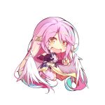  1girl angel_wings blush bridal_gauntlets chibi crop_top drooling feathered_wings gloves gradient_hair jibril_(no_game_no_life) long_hair low_wings midriff mismatched_legwear multicolored_hair no_game_no_life open_mouth pink_hair saliva solo tattoo ttnap very_long_hair white_wings wing_ears wings yellow_eyes 