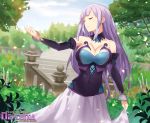  1girl absurdres bare_shoulders breasts bush cleavage closed_eyes day flower garden highres long_hair magiquone neptune_(series) outdoors plant potted_plant scenery sendrawz sky smile sunlight tree white_hair 