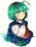  1girl antennae atoma blue_cape cape commentary_request eyebrows_visible_through_hair floral_print green_eyes green_hair highres looking_at_viewer shirt short_hair signature smile solo touhou upper_body white_background white_shirt wriggle_nightbug 
