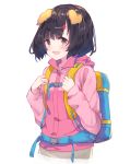  1girl :d animal_ears backpack bag black_hair blush brown_eyes copyright_request dog_ears hair_ornament hairclip highres holding hood hood_down hooded_jacket jacket long_sleeves looking_at_viewer makiaato open_mouth pink_jacket short_hair simple_background smile solo white_background 