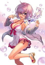  1girl :d bare_shoulders black-framed_eyewear blush breasts cleavage creature dress_swimsuit fate/grand_order fate_(series) floating fou_(fate/grand_order) glasses gradient gradient_background grey_jacket hair_over_one_eye highres holding jacket jewelry leg_up long_sleeves looking_at_viewer mash_kyrielight medium_breasts necklace npcpepper off_shoulder open_clothes open_jacket open_mouth panties pendant pink_background pink_hair pink_panties sandals shiny shiny_hair short_hair side-tie_panties smile soap_bubbles solo standing standing_on_one_leg swimsuit swimsuit_of_perpetual_summer thighs track_jacket underwear unzipped violet_eyes white_swimsuit 