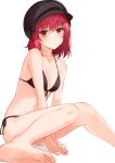  absurdres barefoot beret bikini black_bikini breasts character_request copyright_request hat highres looking_at_viewer medium_breasts miruto_netsuki red_eyes redhead short_hair side-tie_bikini simple_background sitting swimsuit white_background 