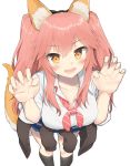  1girl alternate_costume animal_ears applepie_(12711019) blush breasts cleavage clothes_around_waist commentary_request fate/extella fate/extra fate/grand_order fate_(series) fox_ears fox_tail highres jacket_around_waist large_breasts long_hair looking_at_viewer open_mouth paw_pose pink_hair school_uniform shirt simple_background skirt smile solo tail tamamo_(fate)_(all) tamamo_jk_(fate) tamamo_no_mae_(fate) twintails unbuttoned white_background yellow_eyes 