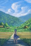  1girl barefoot blue_eyes blue_hair blurry blush bow cirno clouds condensation_trail dappled_sunlight faux_traditional_media fjsmu forest grass hair_bow hands_on_own_chest highres house ice ice_wings looking_to_the_side mountain nature pigeon-toed rice_paddy road rural scenery short_hair sky solo sunlight touhou wings 