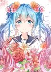  1136002526 1girl blue_eyes blue_hair blush closed_mouth flower hair_flower hair_ornament hatsune_miku highres long_hair looking_at_viewer smile solo star star-shaped_pupils symbol-shaped_pupils tears twintails upper_body vocaloid 