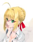  1girl ahoge blonde_hair breasts cleavage fate/extra fate/extra_ccc fate_(series) glasses green_eyes hair_intakes nero_claudius_(fate) nero_claudius_(fate)_(all) red-framed_eyewear ribbon shirotsumekusa 