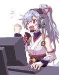  1girl fate/grand_order fate_(series) graphite_(medium) grey_hair hair_ribbon headphones headset japanese_clothes kotentsu open_mouth playing_games ponytail red_eyes ribbon smile solo tomoe_gozen_(fate/grand_order) traditional_media 