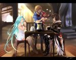  1girl 2boys ahoge armor blue_hair brown_hair coffee coffee_mug dragon dress fingerless_gloves gloves gran_(granblue_fantasy) granblue_fantasy image_sample long_hair lucifer_(shingeki_no_bahamut) lyria_(granblue_fantasy) multiple_boys nu_(dndnknkn) sandalphon_(granblue_fantasy) short_hair sitting smile table twitter_sample vee_(granblue_fantasy) very_long_hair white_dress 