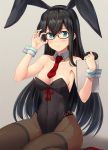  1girl adjusting_eyewear animal_ears black_hair black_leotard blue_eyes breasts bunnysuit cleavage collarbone covered_navel detached_collar embarrassed eyebrows_visible_through_hair fake_animal_ears glasses high_heels highres ichikawa_feesu kantai_collection kneeling leotard long_hair looking_at_viewer ooyodo_(kantai_collection) pink_background red_footwear red_neckwear sitting small_breasts solo thigh-highs wariza white_background wrist_cuffs 