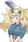  1girl blonde_hair blue_shirt breast_pocket breasts enjaku_izuku flying_sweatdrops gambier_bay_(kantai_collection) hair_between_eyes highres kantai_collection large_breasts long_hair open_mouth petting pocket shirt simple_background single_hand twintails upper_body white_background 