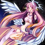  1girl angel_wings artist_request blush breasts bridal_gauntlets commentary crop_top drooling feathered_wings gloves gradient_hair halo jibril_(no_game_no_life) long_hair low_wings lowres magic_circle medium_breasts midriff mismatched_legwear multicolored multicolored_eyes multicolored_hair navel no_game_no_life open_mouth orange_eyes pink_hair solo stomach tattoo very_long_hair white_wings wing_ears wings yellow_eyes 
