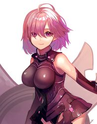  1girl ahoge arm_guards armor armored_leotard bangs bare_shoulders black_leotard closed_mouth cowboy_shot detached_sleeves hair_between_eyes highres impossible_clothes impossible_leotard leotard looking_at_viewer mash_kyrielight pink_hair shield shiny shiny_hair short_hair signature simple_background smile solo standing ukimesato violet_eyes white_background 