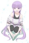  1girl :d black_pants black_shirt blush collarbone eyebrows_visible_through_hair grey_sweater highres long_hair looking_at_viewer new_game! open_mouth pants purple_hair shirt simple_background sleeveless sleeveless_shirt smile solo squatting suzukaze_aoba very_long_hair violet_eyes white_background white_footwear 