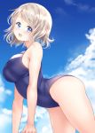  1girl arched_back bare_arms bare_legs blue_eyes blue_swimsuit breasts clouds cloudy_sky day from_side gorua_(youce01) grey_hair highres large_breasts light_blush looking_at_viewer love_live! love_live!_sunshine!! one-piece_swimsuit open_mouth revision short_hair sky solo swimsuit thighs watanabe_you 