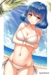  1girl bangs bare_arms bare_shoulders beach bikini blue_hair blue_sky blunt_bangs blush breasts brown_eyes censored cleavage closed_mouth clouds collarbone day dutch_angle embarrassed eyebrows_visible_through_hair fal front-tie_bikini front-tie_top frown gluteal_fold groin hand_on_own_arm horizon light_rays medium_breasts ocean outside_border palm_tree raised_eyebrows ribbon seaside_muramoto shiny shiny_hair shore short_hair side-tie_bikini sky solo sunbeam sunlight swimsuit tag_force thigh_gap tree white_bikini white_ribbon 