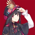  1girl :3 bangs black_hair blunt_bangs blush eyebrows_visible_through_hair family_crest fate/grand_order fate_(series) flower hat hat_tip long_hair long_sleeves looking_at_viewer military military_uniform naguri oda_nobunaga_(fate) peaked_cap puffy_sleeves red_background red_eyes red_ribbon ribbon simple_background solo uniform upper_body 