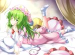  1girl aka_tawashi bed blush bow commentary_request crescent_print curtains dress eyebrows_visible_through_hair frills green_eyes green_hair hat highres kazami_yuuka kazami_yuuka_(pc-98) long_hair long_sleeves looking_at_viewer lying neck_bow nightcap nightgown no_shoes on_stomach one_eye_closed one_leg_raised pillow pink_dress pocket_watch red_bow red_neckwear smile socks solo star star_print touhou touhou_(pc-98) watch white_legwear 
