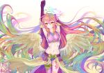  1girl angel_wings arm_behind_head armpits arms_up artist_request breasts bridal_gauntlets commentary crop_top cross feathered_wings gloves gradient_hair halo jewelry jibril_(no_game_no_life) large_breasts long_hair looking_at_viewer low_wings magic_circle midriff mismatched_legwear multicolored multicolored_eyes multicolored_hair navel no_game_no_life pink_eyes pink_hair sideboob smile solo stomach symbol-shaped_pupils tattoo very_long_hair white_wings wing_ears wings yellow_eyes 