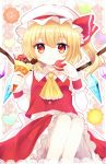  1girl artist_request ascot bent_elbows blonde_hair bow buttons candy chocolate collar collared_shirt commentary_request cream crepe english eyebrows_visible_through_hair eyelashes eyes_visible_through_hair feet_out_of_frame flandre_scarlet food frilled_collar frilled_skirt frills gem hair_between_eyes hat hat_bow heart highres holding holding_food looking_at_viewer mob_cap multicolored multicolored_eyes pale_skin polka_dot red_bow red_skirt red_vest sash shirt side_ponytail sitting skirt smile solo sweets touhou vest white_sash white_shirt wings wrist_cuffs yellow_neckwear 