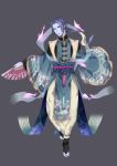  1boy absurdres black_nails blue_hair blue_skin character_request fan fish folding_fan full_body grey_background highres long_hair looking_at_viewer nail_polish onmyoji piponishangel pointy_ears ponytail red_eyes solo wide_sleeves 